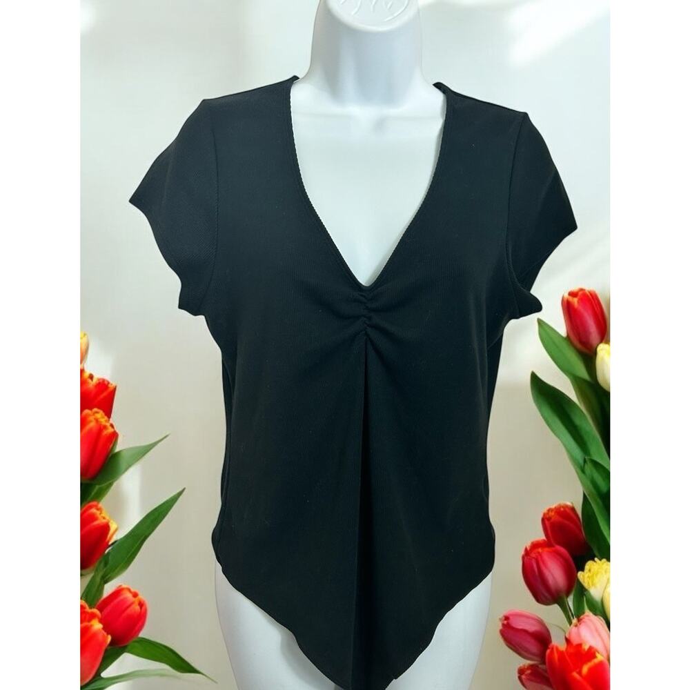 American Eagle Black Ribbed V-Neck Bodysuit Sz Large Short Sleeve Ruched Top